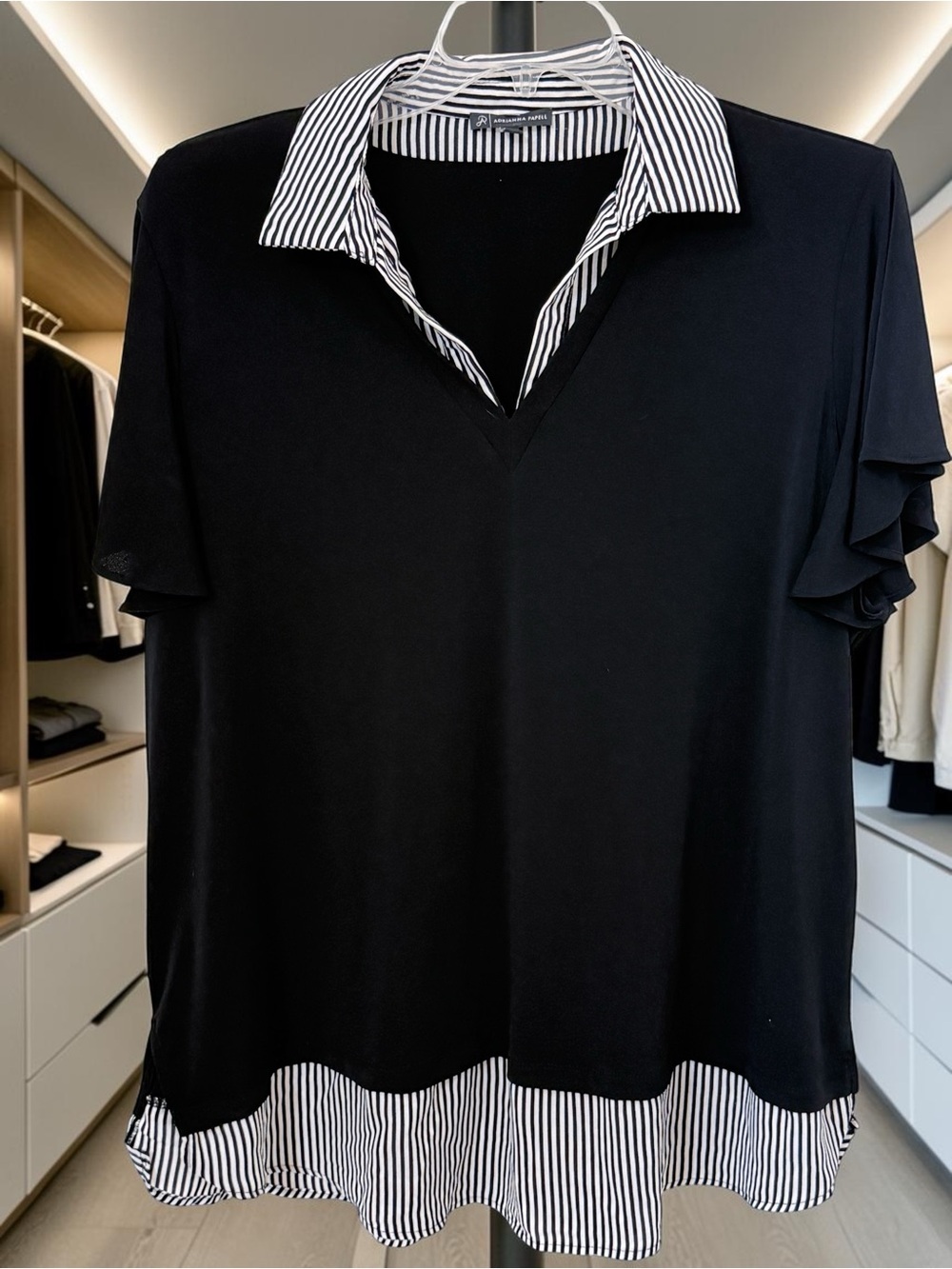 Adrianna Papell Black Layered Look Blouse with Striped Collar